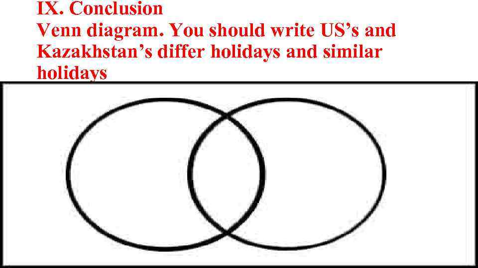 IX. Conclusion Venn diagram. You should write US’s and Kazakhstan’s differ holidays and similar