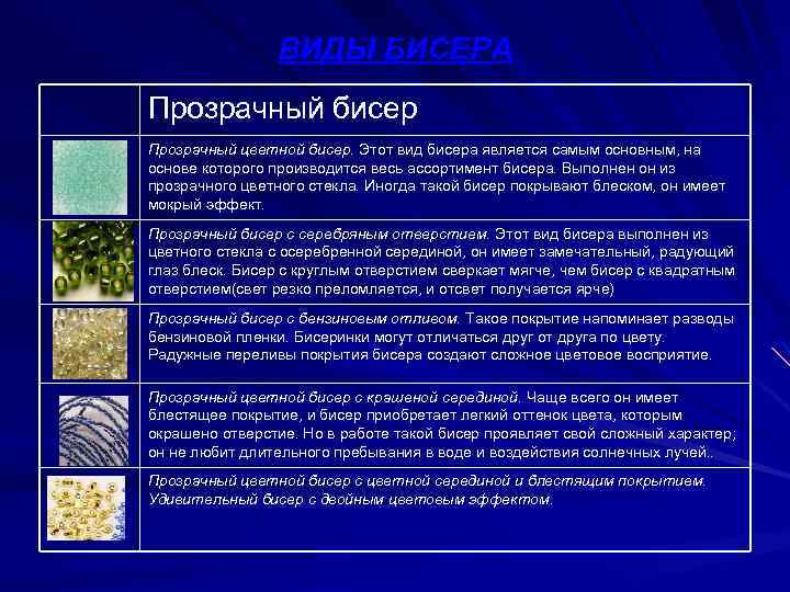 ВИДЫ БИСЕРА Прозрачный бисер Прозрачный цветной бисер. Этот вид бисера является самым основным, на