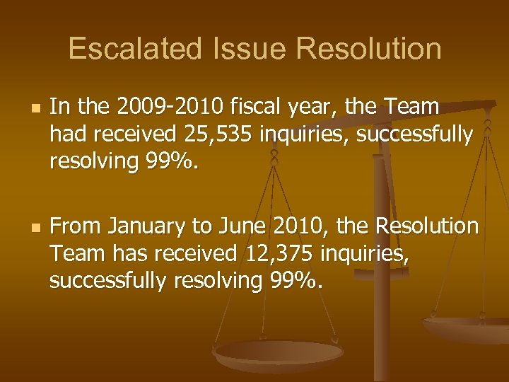 Escalated Issue Resolution n n In the 2009 -2010 fiscal year, the Team had