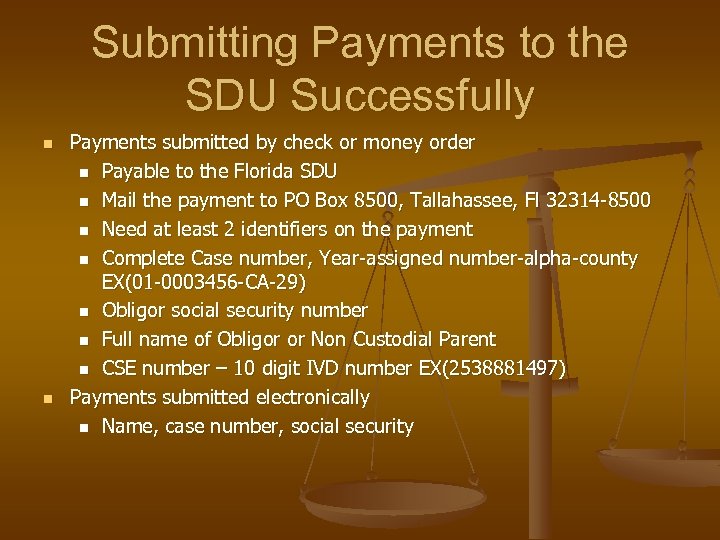 Submitting Payments to the SDU Successfully n n Payments submitted by check or money