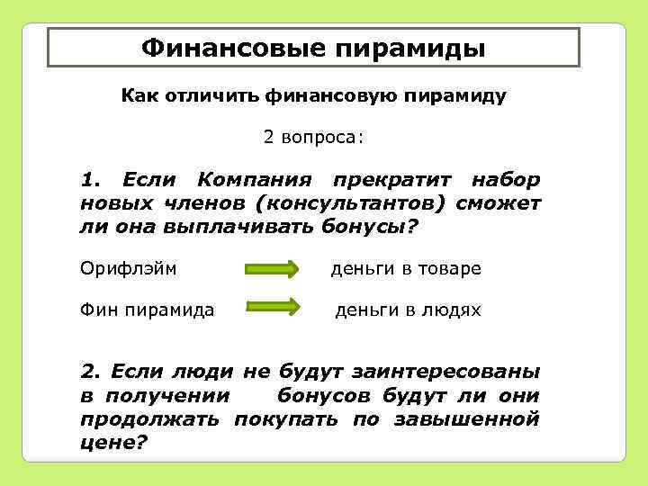 Финансовые пирамиды Как отличить финансовую пирамиду 2 вопроса: 1. Если Компания прекратит набор новых