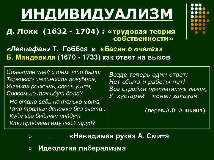 ИНДИВИДУАЛИЗМ Д. Локк (1632 - 1704) : «трудовая теория собственности» «Левиафан» Т. Гоббса и