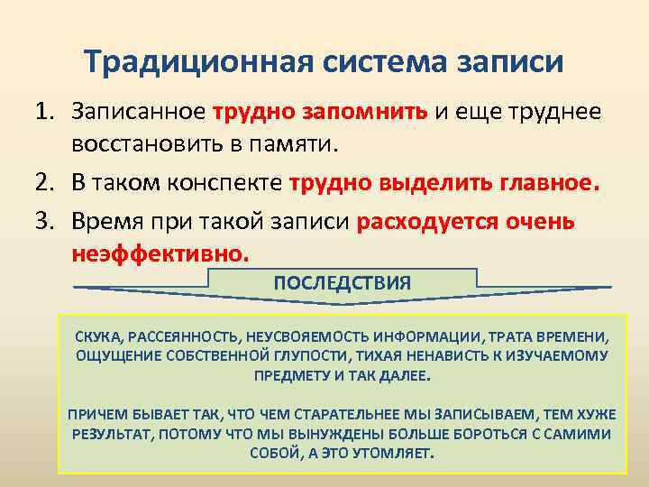 Традиционная система записи 1. Записанное трудно запомнить и еще труднее восстановить в памяти. 2.