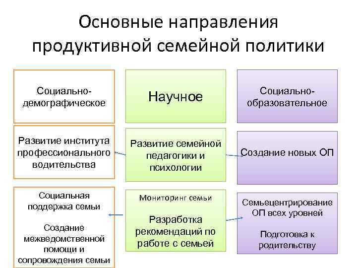 Основные направления продуктивной семейной политики Социальнодемографическое Научное Социальнообразовательное Развитие института профессионального водительства Развитие семейной