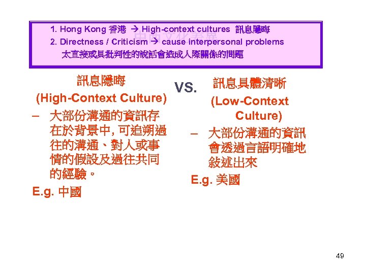 1. Hong Kong 香港 High-context cultures 訊息隱晦 2. Directness / Criticism cause interpersonal problems