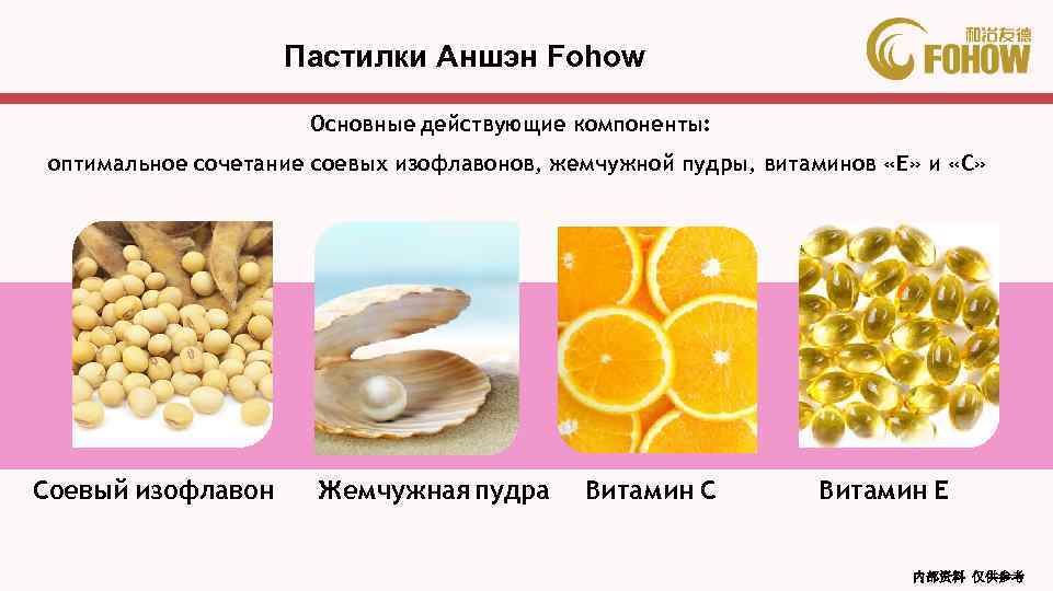 Пастилки Аншэн Fohow Основные действующие компоненты: оптимальное сочетание соевых изофлавонов, жемчужной пудры, витаминов «Е»