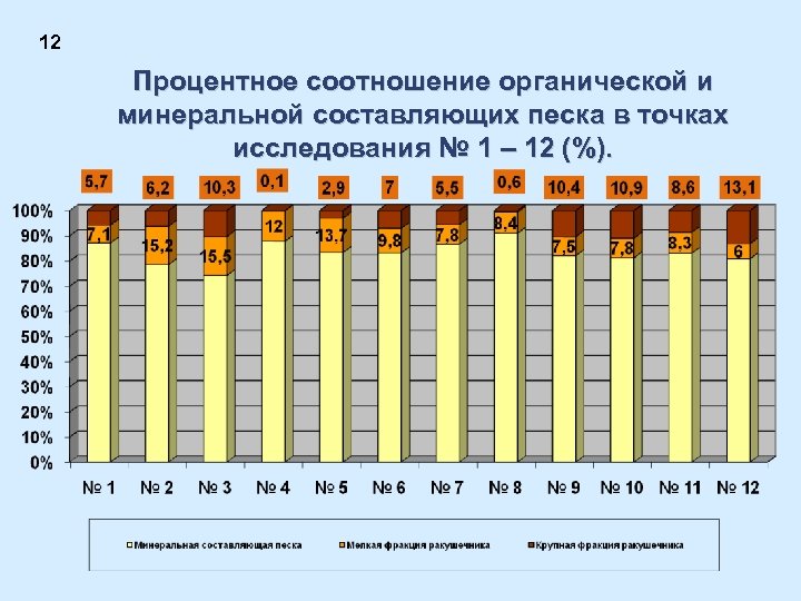 12 Процентное соотношение органической и минеральной составляющих песка в точках исследования № 1 –