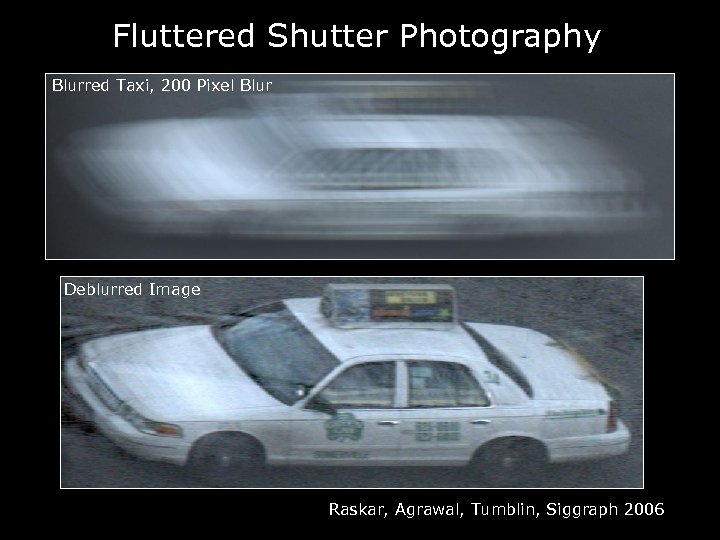 Fluttered Shutter Photography Blurred Taxi, 200 Pixel Blur Deblurred Image Raskar, Agrawal, Tumblin, Siggraph