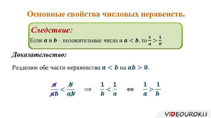 Основные свойства числовых неравенств. Следствие: Доказательство: 