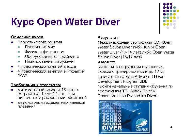 Курс Open Water Diver Описание курса l Теоретические занятия l Подводный мир l Физика
