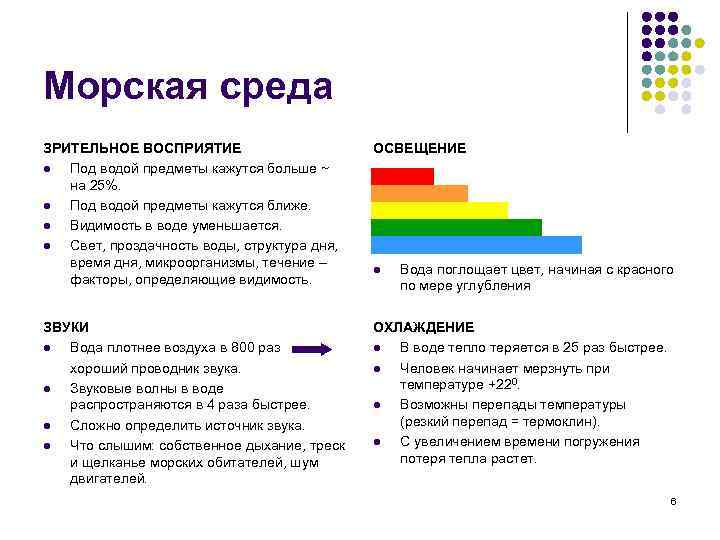 Морская среда ЗРИТЕЛЬНОЕ ВОСПРИЯТИЕ l Под водой предметы кажутся больше ~ на 25%. l