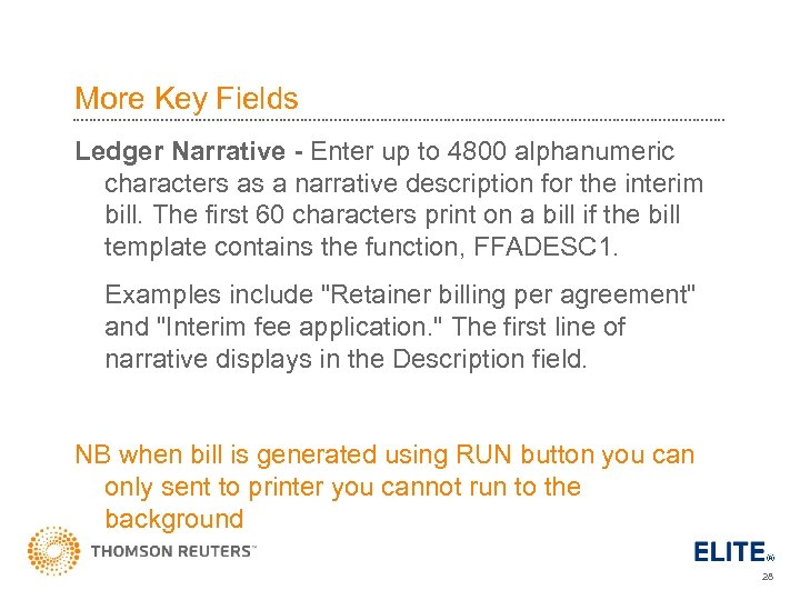 More Key Fields Ledger Narrative - Enter up to 4800 alphanumeric characters as a