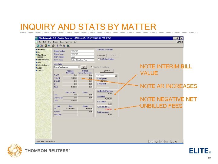 INQUIRY AND STATS BY MATTER NOTE INTERIM BILL VALUE NOTE AR INCREASES NOTE NEGATIVE