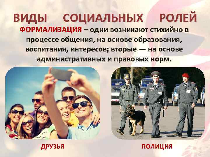 ВИДЫ СОЦИАЛЬНЫХ РОЛЕЙ ФОРМАЛИЗАЦИЯ – одни возникают стихийно в процессе общения, на основе образования,