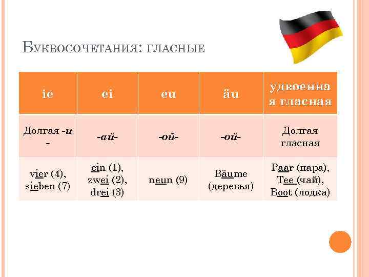 БУКВОСОЧЕТАНИЯ: ГЛАСНЫЕ ie ei eu äu удвоенна я гласная Долгая -и - -ай- -ой-