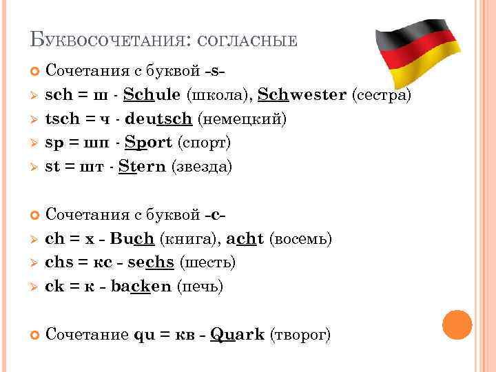 БУКВОСОЧЕТАНИЯ: СОГЛАСНЫЕ Ø Ø Сочетания с буквой -ssch = ш - Schule (школа), Schwester