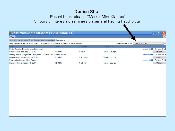 Denise Shull Recent book release “Market Mind Games” 3 hours of interesting seminars on