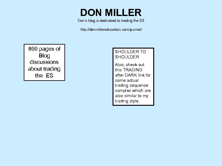DON MILLER Don’s blog is dedicated to trading the ES http: //donmillereducation. com/journal/ 800