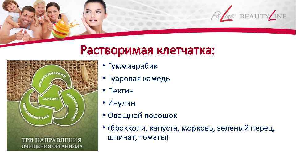 Растворимая клетчатка: • Гуммиарабик • Гуаровая камедь • Пектин • Инулин • Овощной порошок