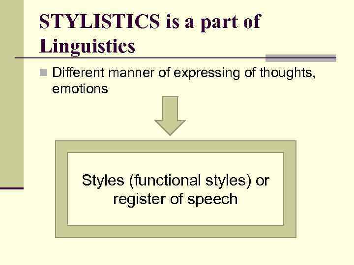 STYLISTICS is a part of Linguistics n Different manner of expressing of thoughts, emotions