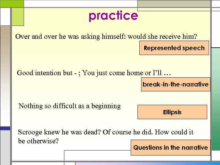 practice Over and over he was asking himself: would she receive him? Represented speech