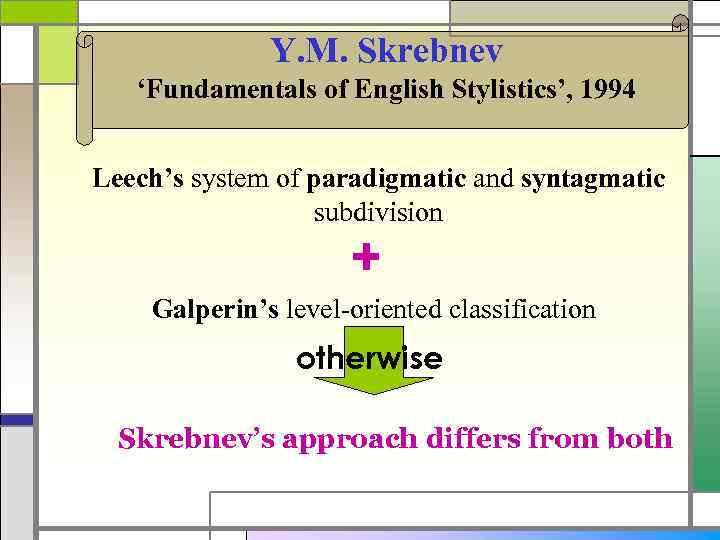 Y. M. Skrebnev ‘Fundamentals of English Stylistics’, 1994 Leech’s system of paradigmatic and syntagmatic