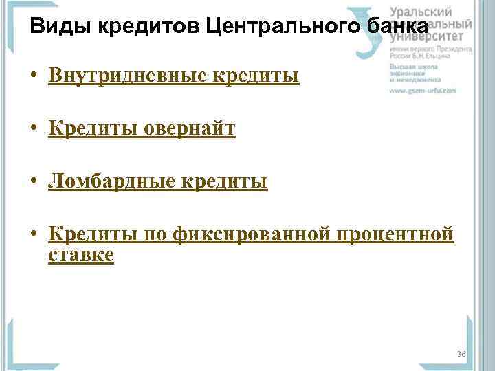 Виды кредитов Центрального банка • Внутридневные кредиты • Кредиты овернайт • Ломбардные кредиты •