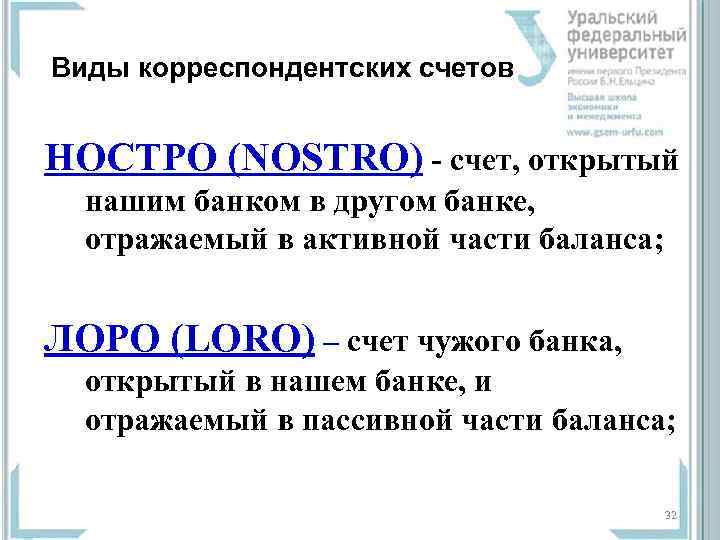 Виды корреспондентских счетов НОСТРО (NOSTRO) - счет, открытый нашим банком в другом банке, отражаемый