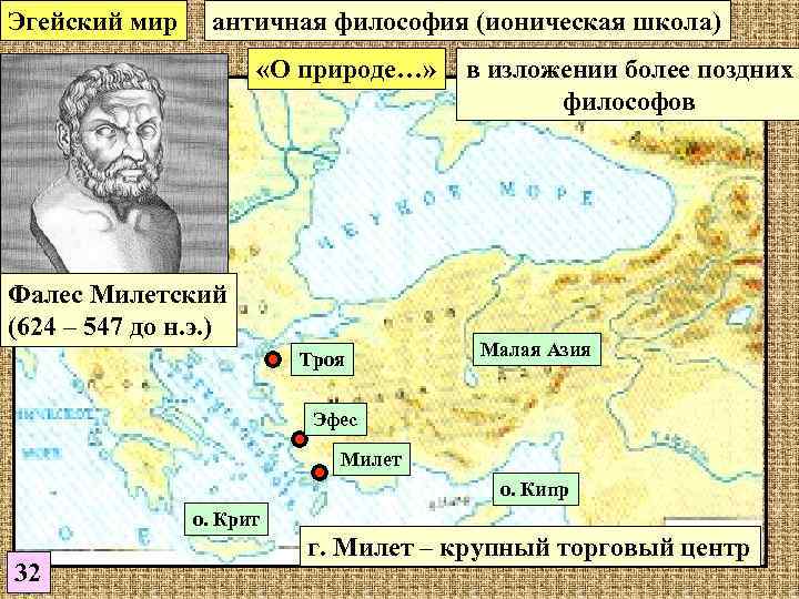 Эгейский мир античная философия (ионическая школа) «О природе…» Фалес Милетский (624 – 547 до