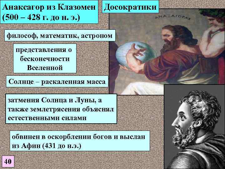 Анаксагор из Клазомен Досократики (500 – 428 г. до н. э. ) философ, математик,