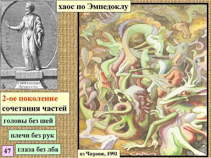 хаос по Эмпедоклу 2 -ое поколение сочетания частей головы без шей плечи без рук