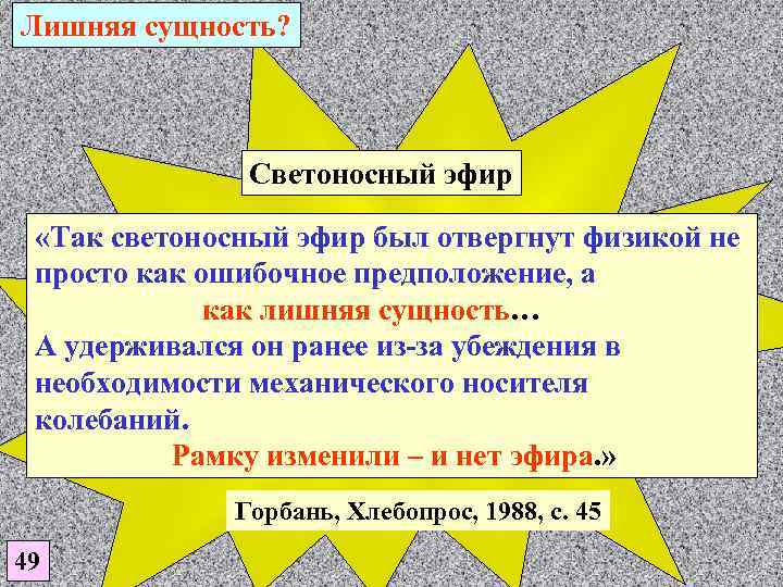 Лишняя сущность? Светоносный эфир «Так светоносный эфир был отвергнут физикой не просто как ошибочное