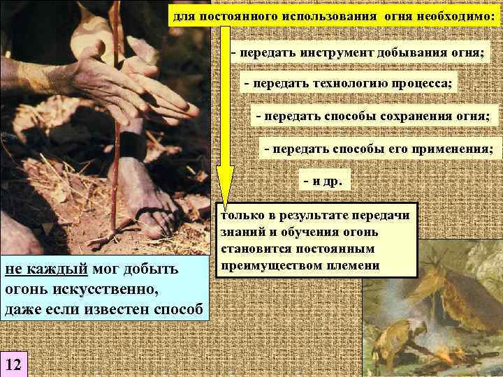 для постоянного использования огня необходимо: - передать инструмент добывания огня; - передать технологию процесса;