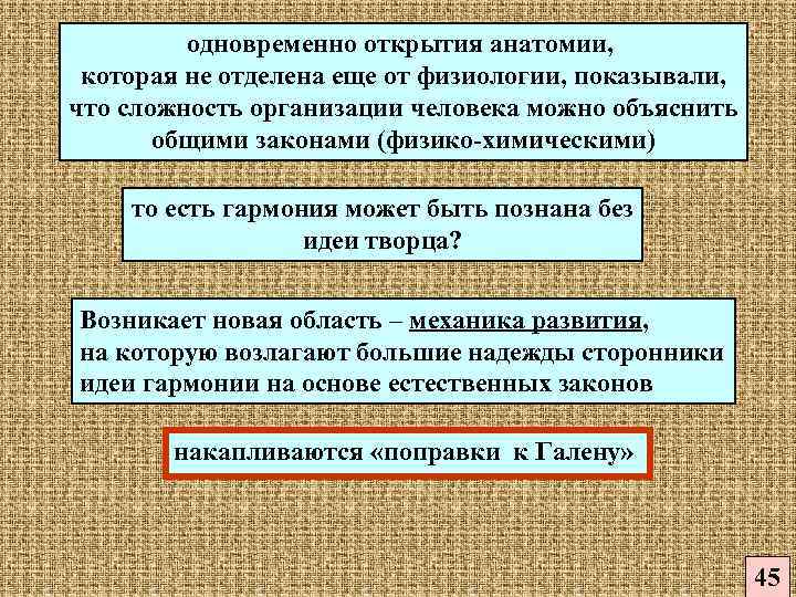 одновременно открытия анатомии, которая не отделена еще от физиологии, показывали, что сложность организации человека