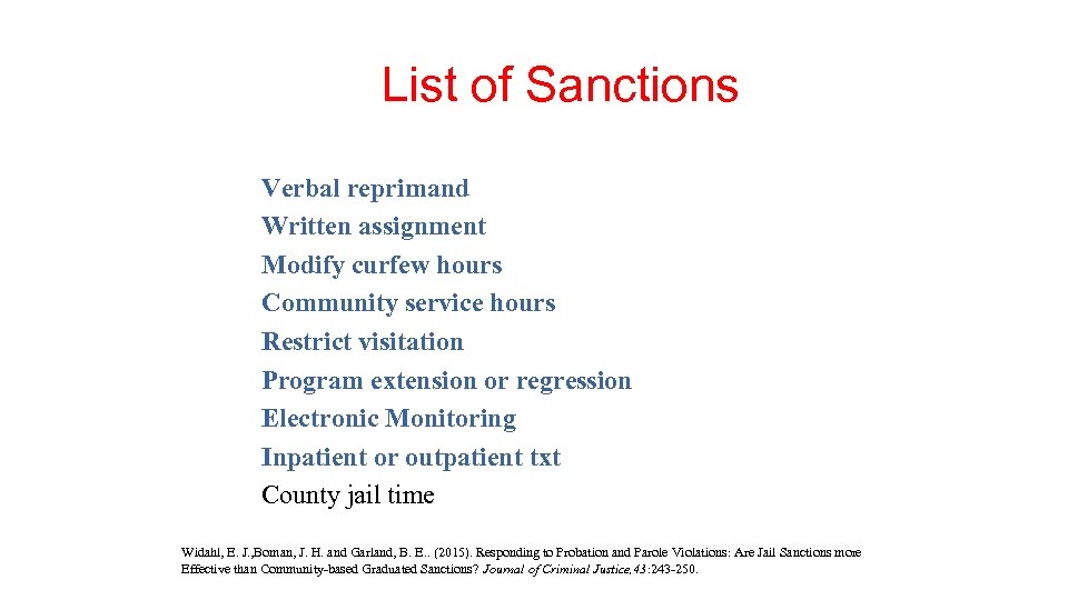 List of Sanctions Verbal reprimand Written assignment Modify curfew hours Community service hours Restrict