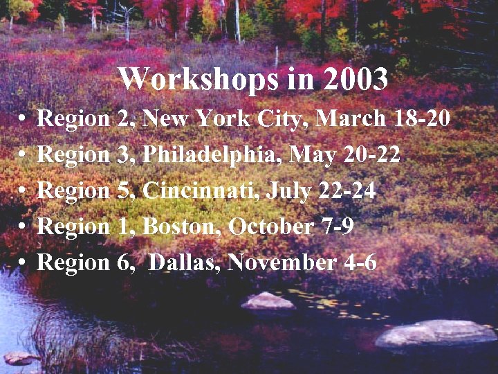 Workshops in 2003 • • • Region 2, New York City, March 18 -20
