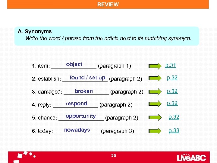 REVIEW A. Synonyms Write the word / phrase from the article next to its