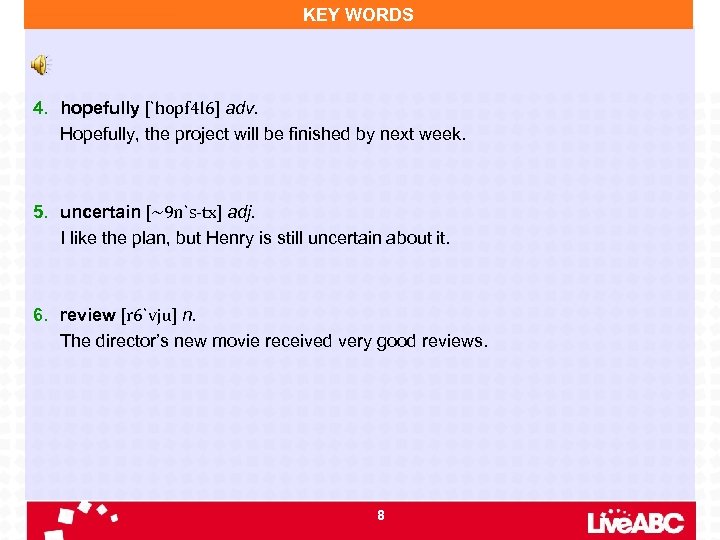 KEY WORDS 4. hopefully [`hopf 4 l 6] adv. Hopefully, the project will be