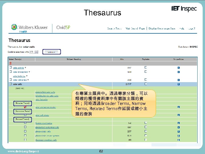 Thesaurus www. theiet. org/Inspect 在專業主題典中。透過專家分類，可以 精確的獲得資料庫中有關該主題的資 料；同時透過Broader Terms, Narrow Terms, Related Terms作延展或縮小主 題的查詢 62