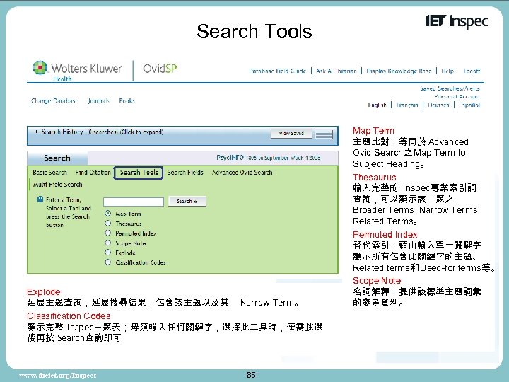 Search Tools Explode 延展主題查詢；延展搜尋結果，包含該主題以及其 Narrow Term。 Classification Codes 顯示完整 Inspec主題表；毋須輸入任何關鍵字，選擇此 具時，僅需挑選 後再按 Search查詢即可 www.