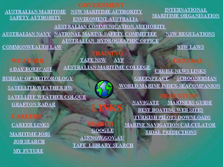 GOVERNMENT INTERNATIONAL NSW MARITIME AUTHORITY MARITIME ORGANISATION ENVIROMENT AUSTRALIAN COMMUNICATION AUTHORITY AUSTRALIAN NAVY NATIONAL