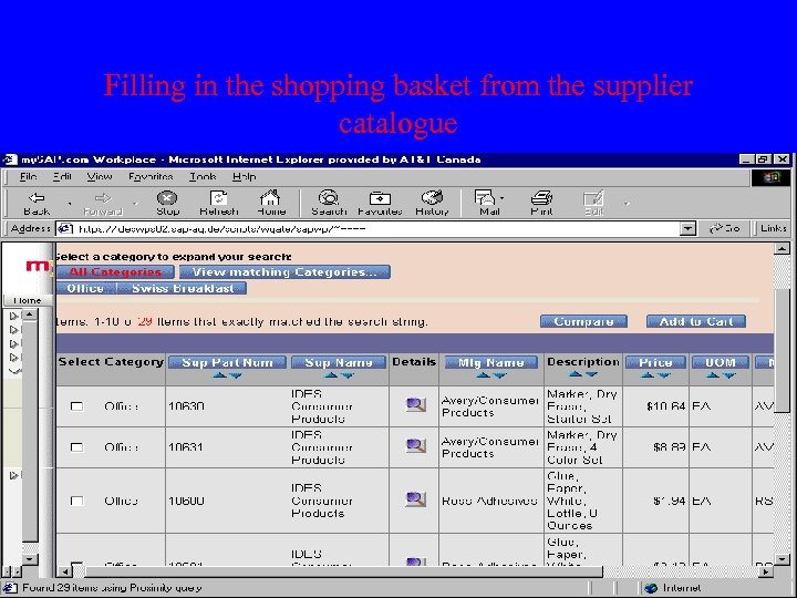 Filling in the shopping basket from the supplier catalogue 