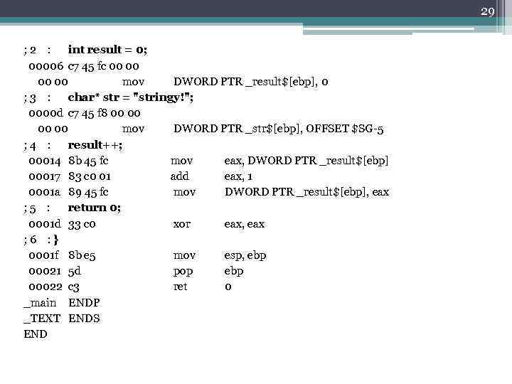 29 ; 2 : int result = 0; 00006 c 7 45 fc 00