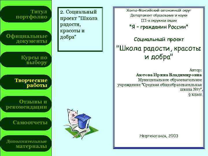 Титул портфолио Официальные документы Курсы по выбору Творческие работы 2. Социальный проект "Школа радости,