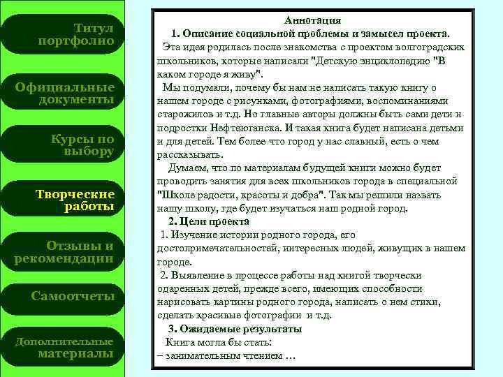 Титул портфолио Официальные документы Курсы по выбору Творческие работы Отзывы и рекомендации Самоотчеты Дополнительные