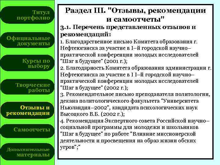 Титул портфолио Официальные документы Курсы по выбору Творческие работы Отзывы и рекомендации Самоотчеты Дополнительные