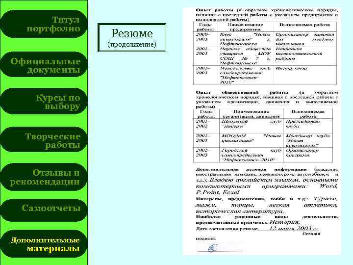 Титул портфолио Резюме (продолжение) Официальные документы Курсы по выбору Творческие работы Отзывы и рекомендации