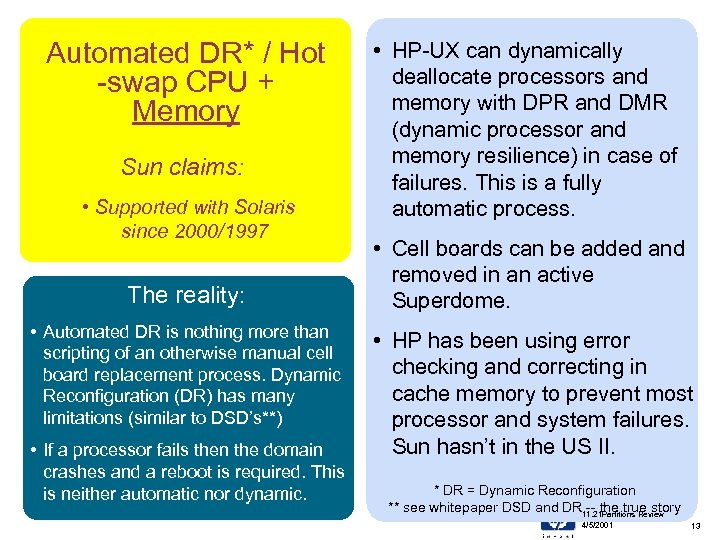 Automated DR* / Hot -swap CPU + Memory Sun claims: • Supported with Solaris