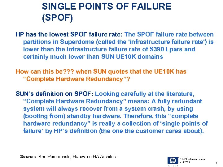 SINGLE POINTS OF FAILURE (SPOF) HP has the lowest SPOF failure rate: The SPOF