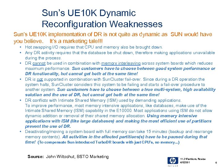 Sun’s UE 10 K Dynamic Reconfiguration Weaknesses Sun’s UE 10 K implementation of DR